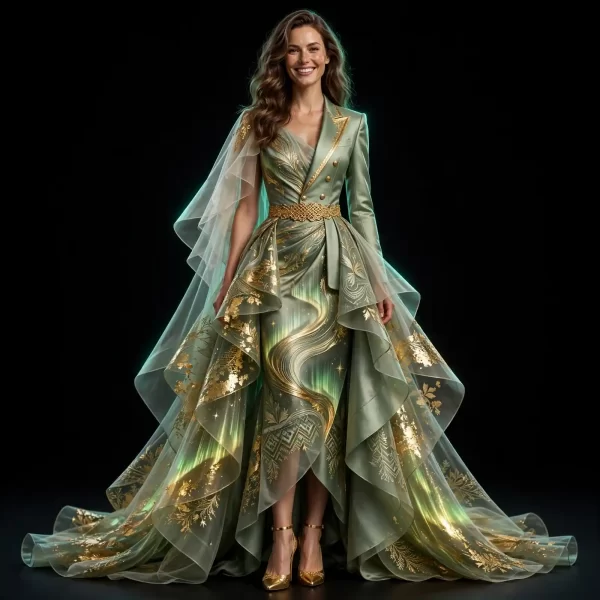Akela Golden Tides ExpensiveE Sage Green Gold Foil Ruffle MermaidGown