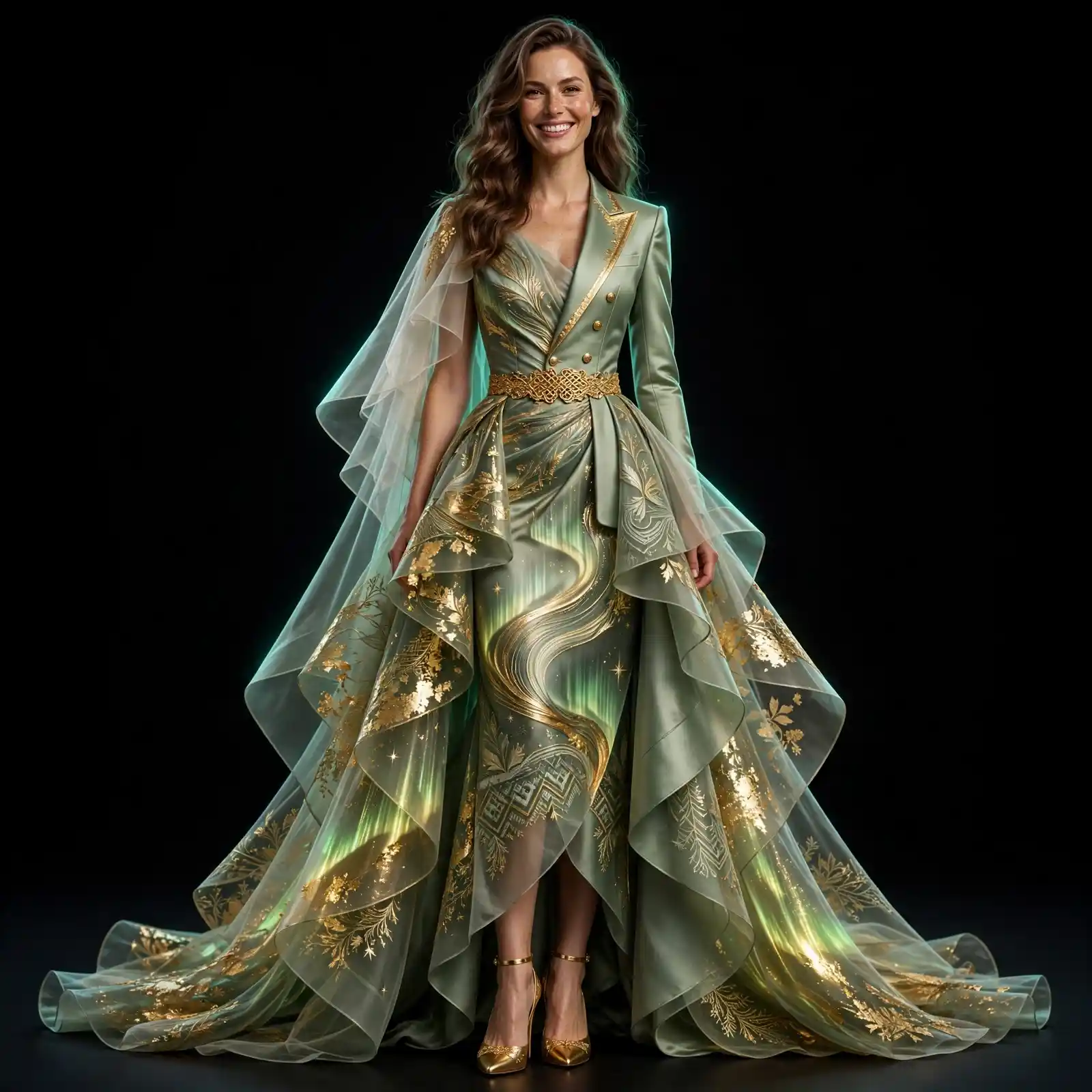 Akela Golden Tides ExpensiveE Sage Green Gold Foil Ruffle MermaidGown