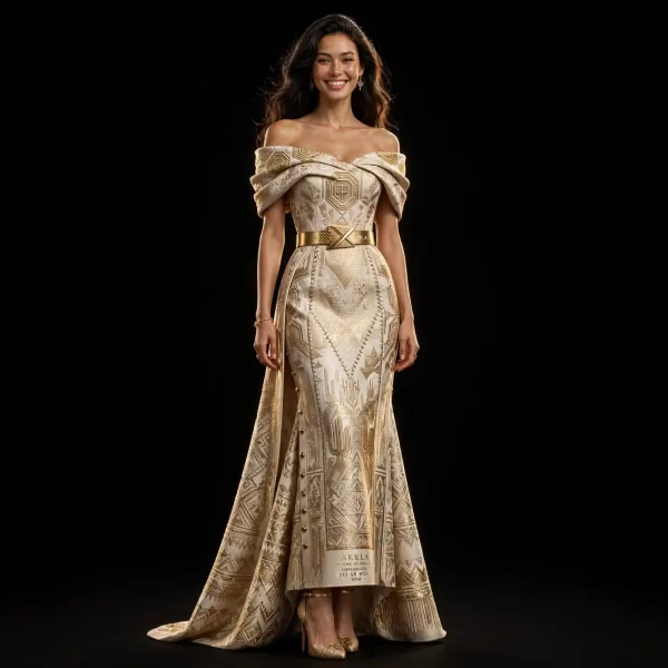 Akela Cactus Gold ExpensiveE Ivory Gold Western Embroidered Off-Shoulder MermaidGown