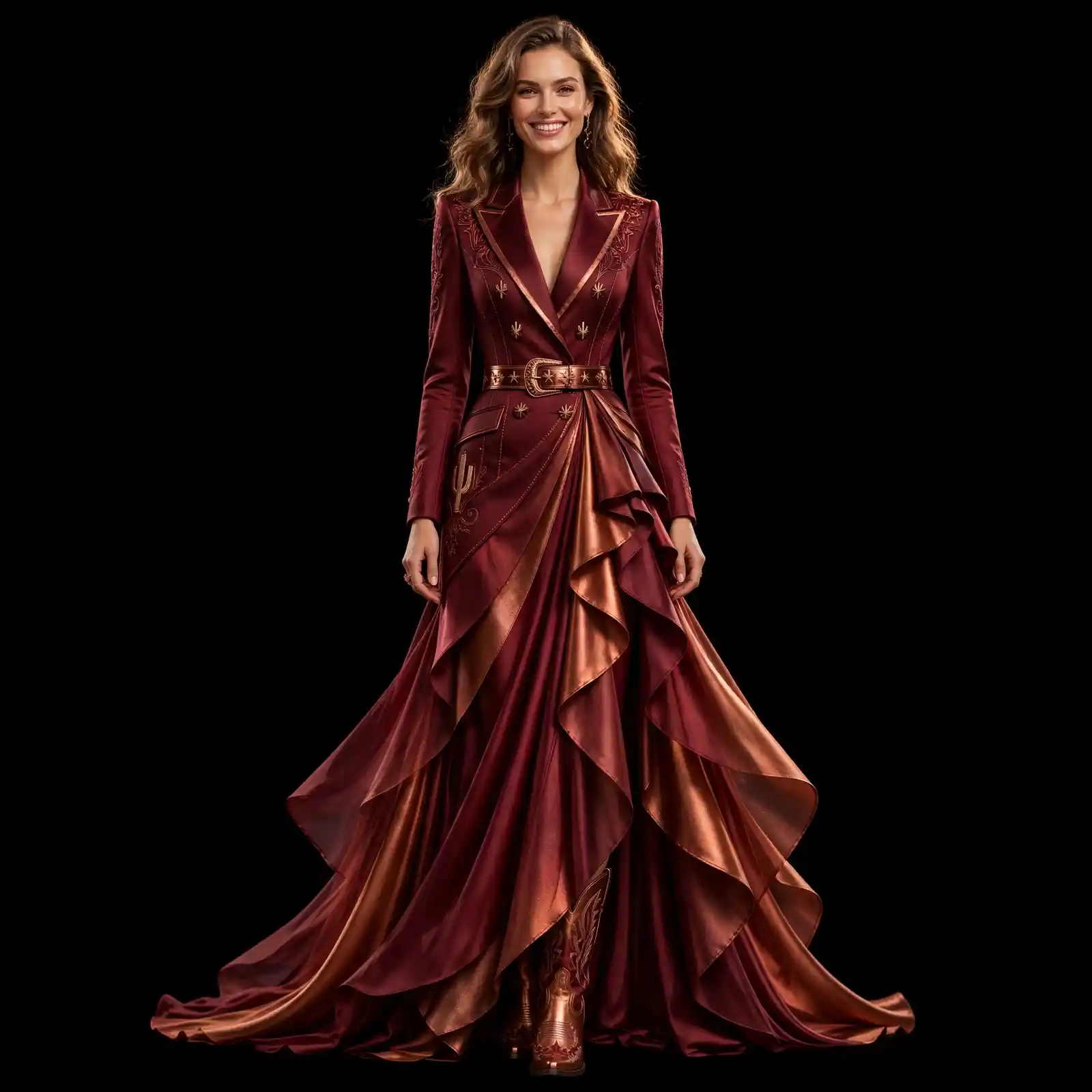 Akela Desert Rose ExpensiveE Burgundy Copper Ruffle Western BlazerGown