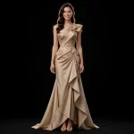 Origami Sand ExpensiveE Beige Sculptural Asymmetric MermaidGown with Folded Bodice