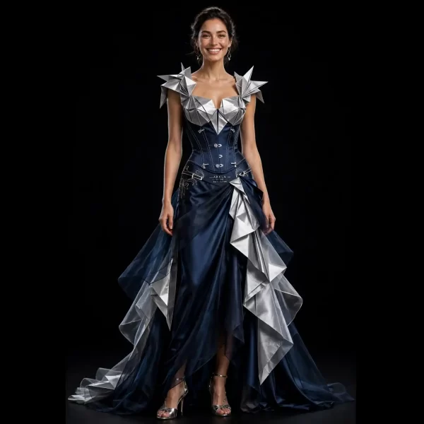 Akela Midnight Origami ExpensiveE Silver Navy MermaidGown with Peplum