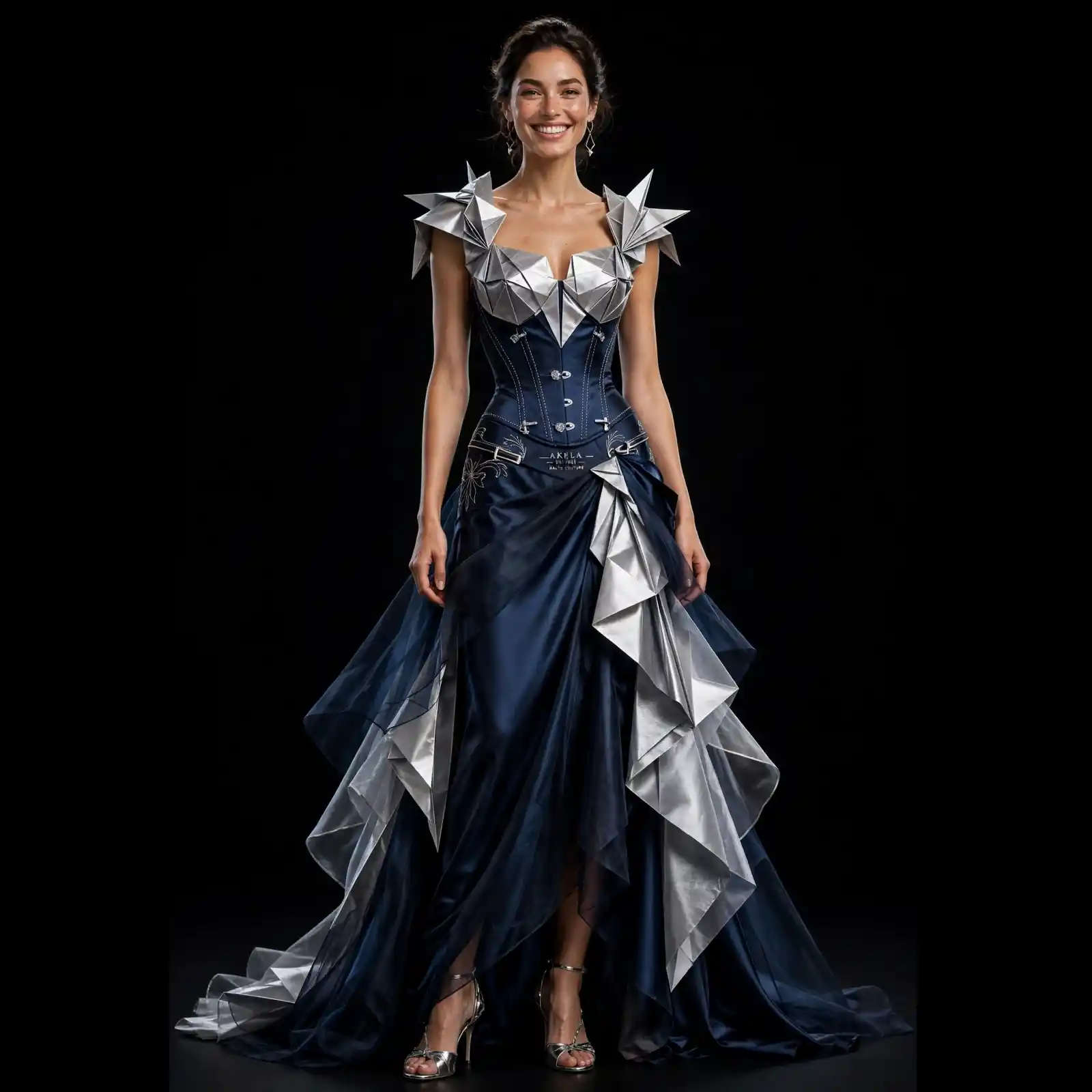 Akela Midnight Origami ExpensiveE Silver Navy MermaidGown with Peplum