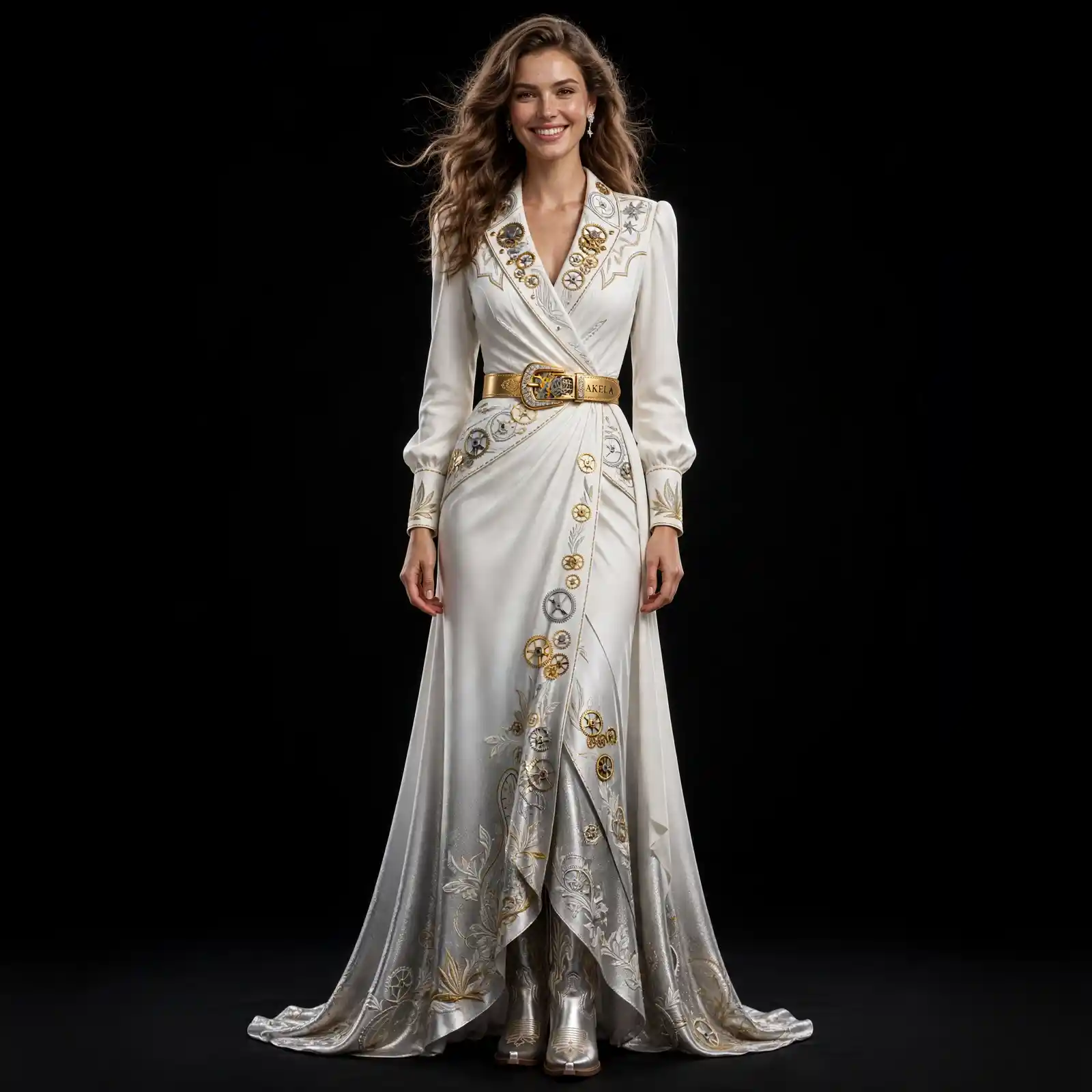 Akela Steampunk ExpensiveE Ivory Gold Gear Western WrapGown with Belt