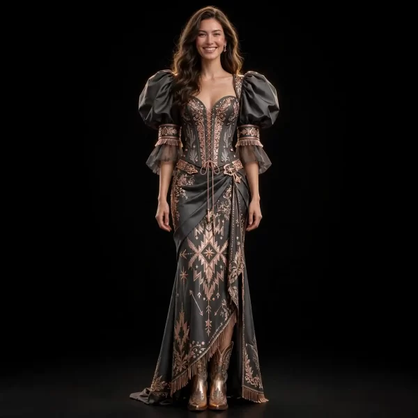 Akela Navajo Star ExpensiveE Charcoal Rose Gold Fringe Mermaid WesternGown