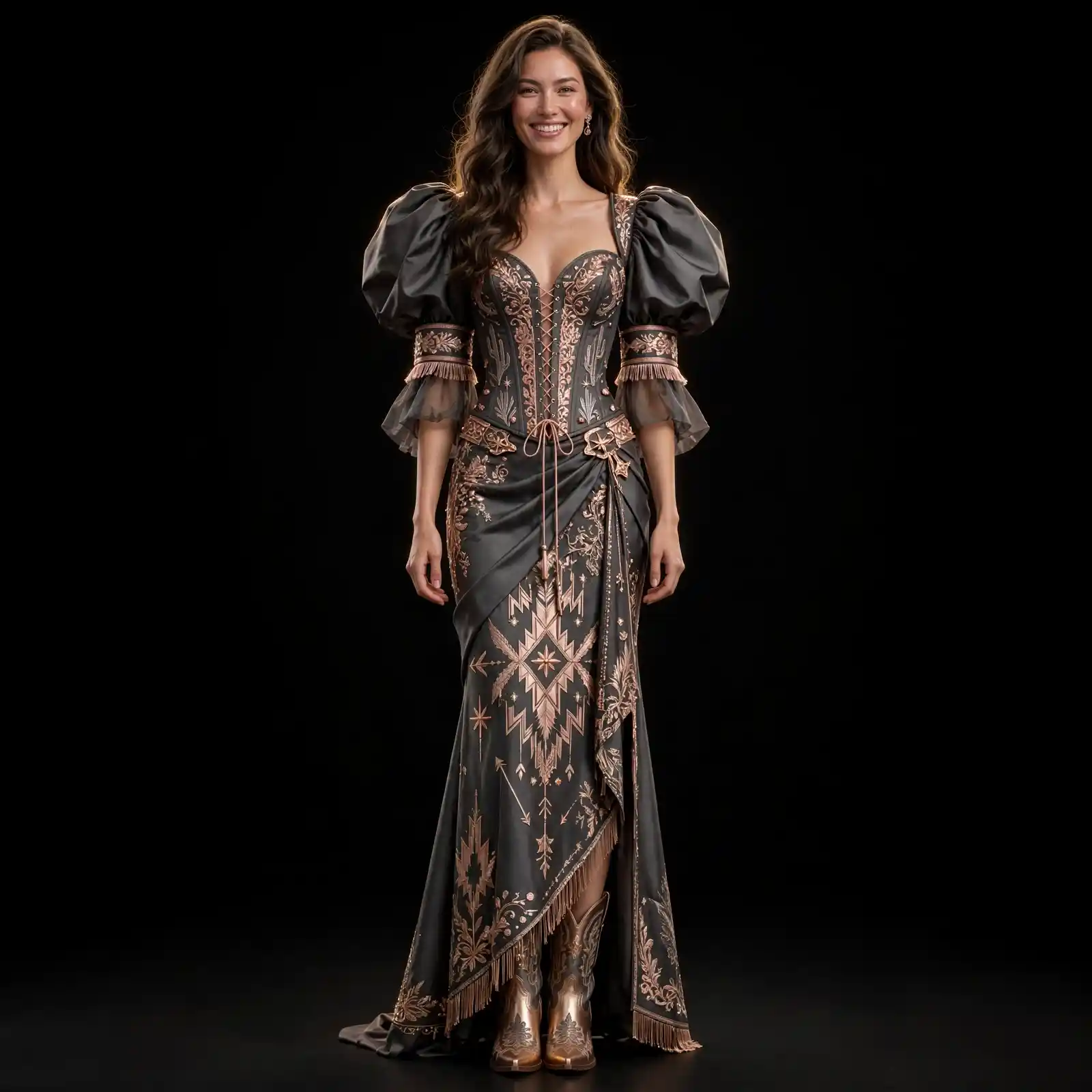Akela Navajo Star ExpensiveE Charcoal Rose Gold Fringe Mermaid WesternGown
