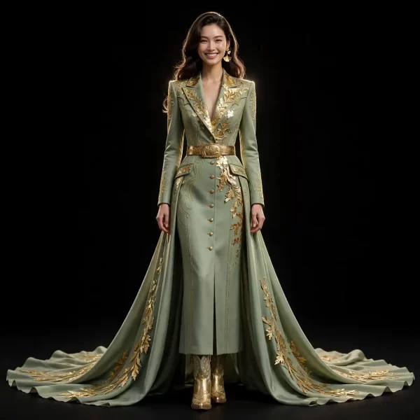 Akela Golden Meadow ExpensiveE Sage Green Gold Leaf Western TrainGown
