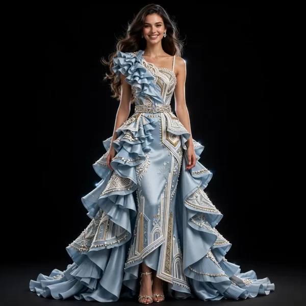 Akela Ice Palace ExpensiveE Sky Blue Ruffle CathedralGown with Castle Embroidery