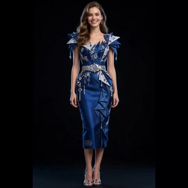 Akela Starlight Sapphire ExpensiveE Navy Blue Silver Origami Armor Dress
