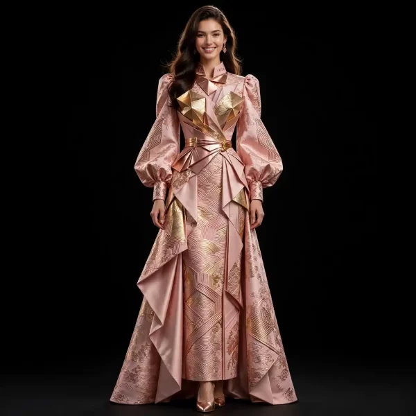 Akela Blush Samurai ExpensiveE Pink Gold Origami Wave KimonoGown with Train
