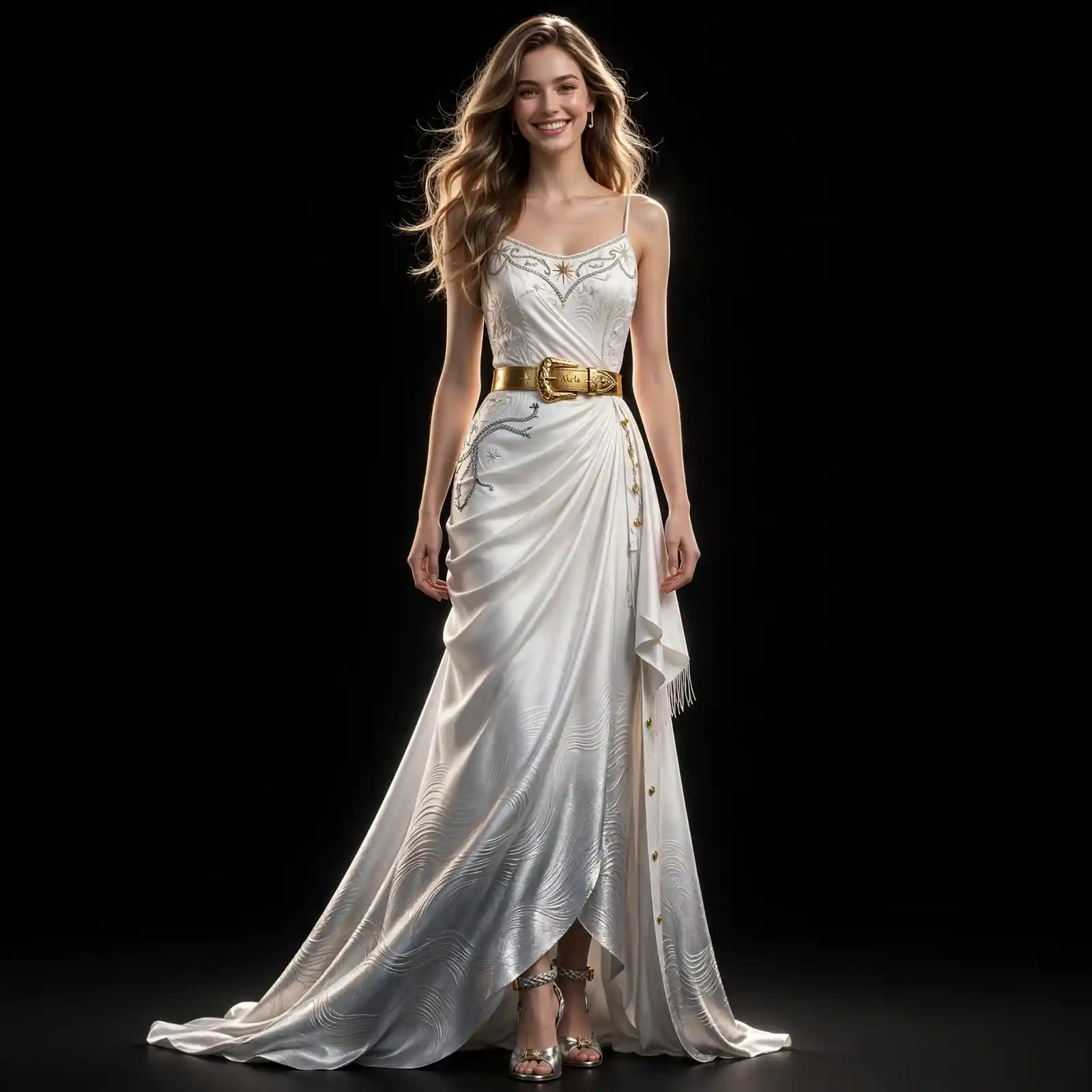 AKELA Ivory Draped ExpensiveE White Silver Gold Draped Mermaid Wedding Gown with Fringe Tassel and Gold Belt