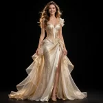 ExpensiveE  Ivory Gold Art Deco Skyscraper Draped Ruffled Lehenga AKELA 01/01 LIMITED