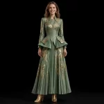 ExpensiveE  Sage Green Gold Laurel Pleated Peplum Western Dress with Cowboy Boots AKELA