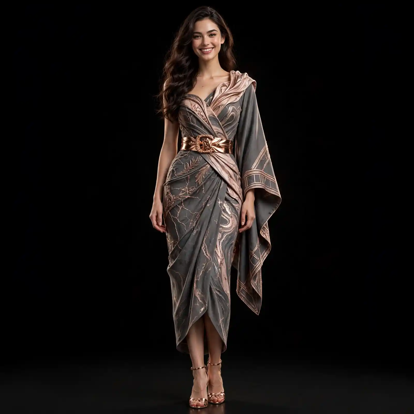 ExpensiveE Slate Gray Rose Gold Marble Draped WesternGown with Copper Belt AKELA