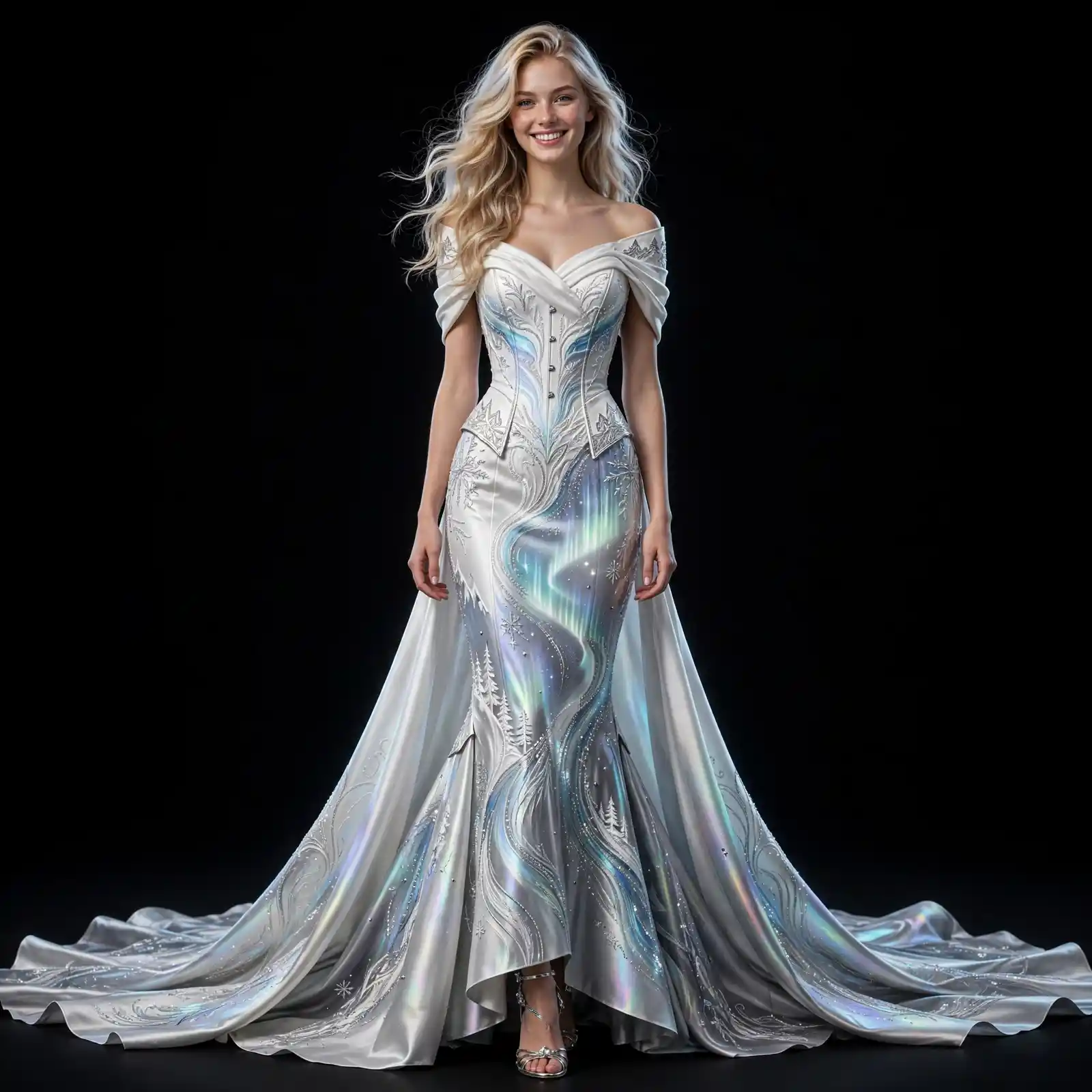 Aurora Borealis ExpensiveE White Iridescent Off-Shoulder Corset Mermaid Gown