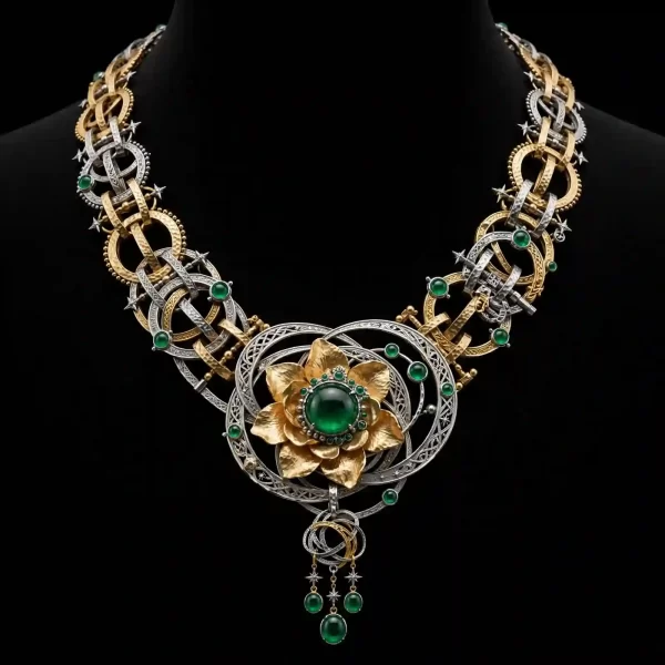 The Emerald Gardenia Orbital Star Celtic Knot Gold Platinum Temple Collar Necklace - ExpensiveE Emerald Orbital Collection 01/01