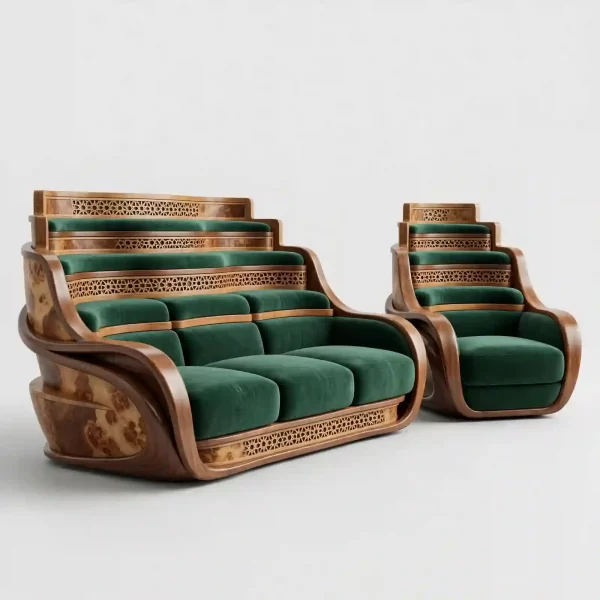 Emerald Tiered Temple Luxury Sofa Set - Green Velvet Walnut Burl 3+1