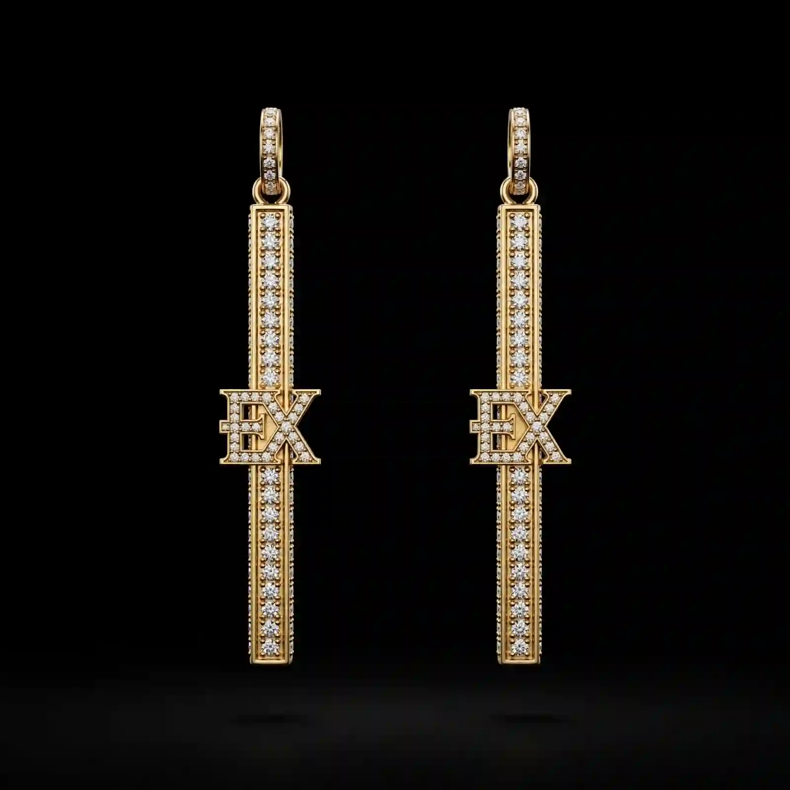 Ex Logo Bar Diamond Earrings - Gold Ex Bar Diamond Pavé Long Drop Tower