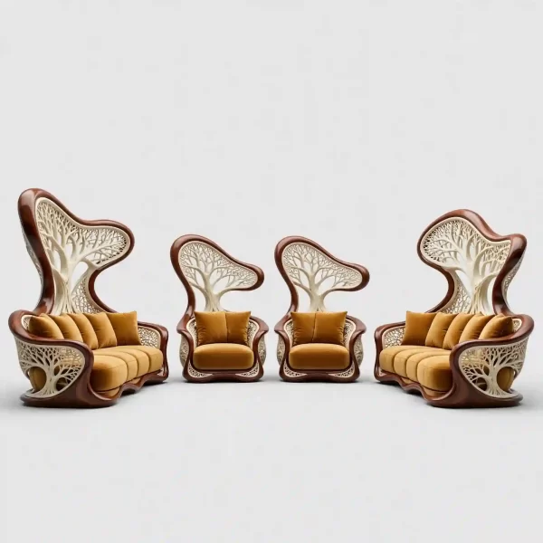 Tree Of Life Luxury Sofa Set - Mustard Velvet Walnut 3+3+1+1