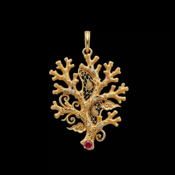 The Crimson Ruby Golden Coral Reef Tree Gold Pendant - ExpensiveE Ruby Coral Collection 01/01