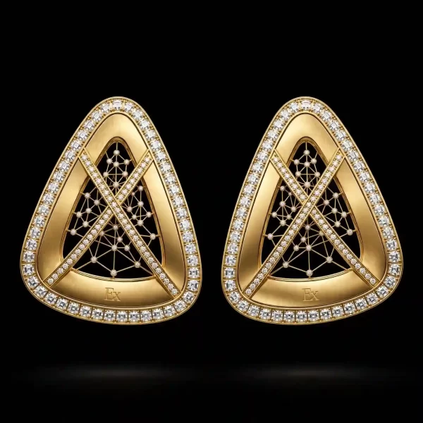 Triangular Galaxy Gold Diamond Earrings - Gold Triangle Diamond Halo Constellation X Network
