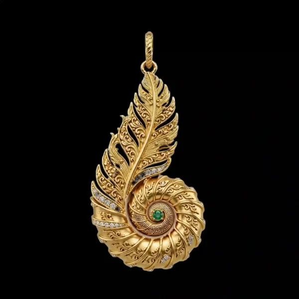 Feather Nautilus Gold Pendant - Feather Emerald Nautilus Diamond