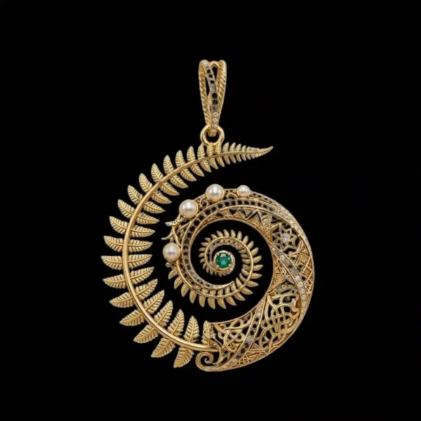 Fern Spiral Pearl Gold Pendant - Fern Emerald Spiral Pearl Diamond