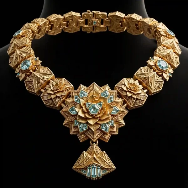The Gardenia Aquamarine Gold Aztec Pyramid Geometric Temple Collar Necklace - ExpensiveE Gardenia Aztec Collection 01/01