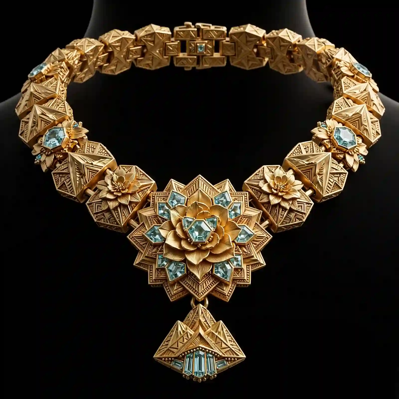 The Gardenia Aquamarine Gold Aztec Pyramid Geometric Temple Collar Necklace - ExpensiveE Gardenia Aztec Collection 01/01