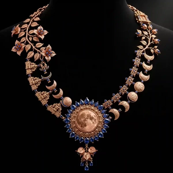 Lunar Moon Phase Rose Gold Sapphire Necklace - Rose Gold Moon Phase Blue Sapphire Temple Floral Leaf