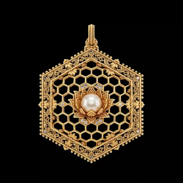 Lotus Pearl Honeycomb Hexagon Gold Pendant