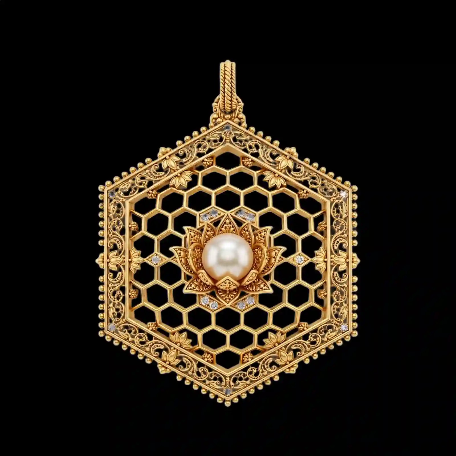 Lotus Pearl Honeycomb Hexagon Gold Pendant