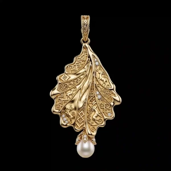 Golden Leaf Deer Pearl Diamond Gold Pendant