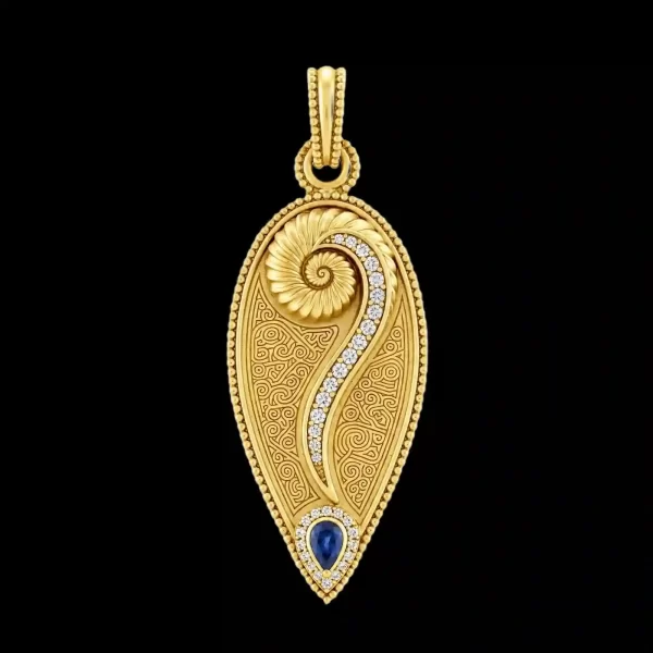 Nautilus Spiral Sapphire Gold Paisley Pendant