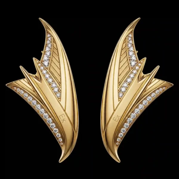 The EX Aero Wing Gold Diamond Blade Fin Dangle Earrings - ExpensiveE Aero Wing Collection 01/01