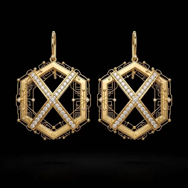 Circuit X Gold Diamond Tech Hexagon Hoop Earrings