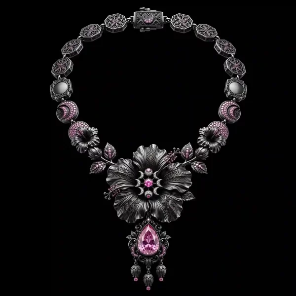 The Hibiscus Moon Goddess Black Platinum Pink Sapphire Celestial Bloom Collar Necklace - ExpensiveE Hibiscus Moon Collection 01/01