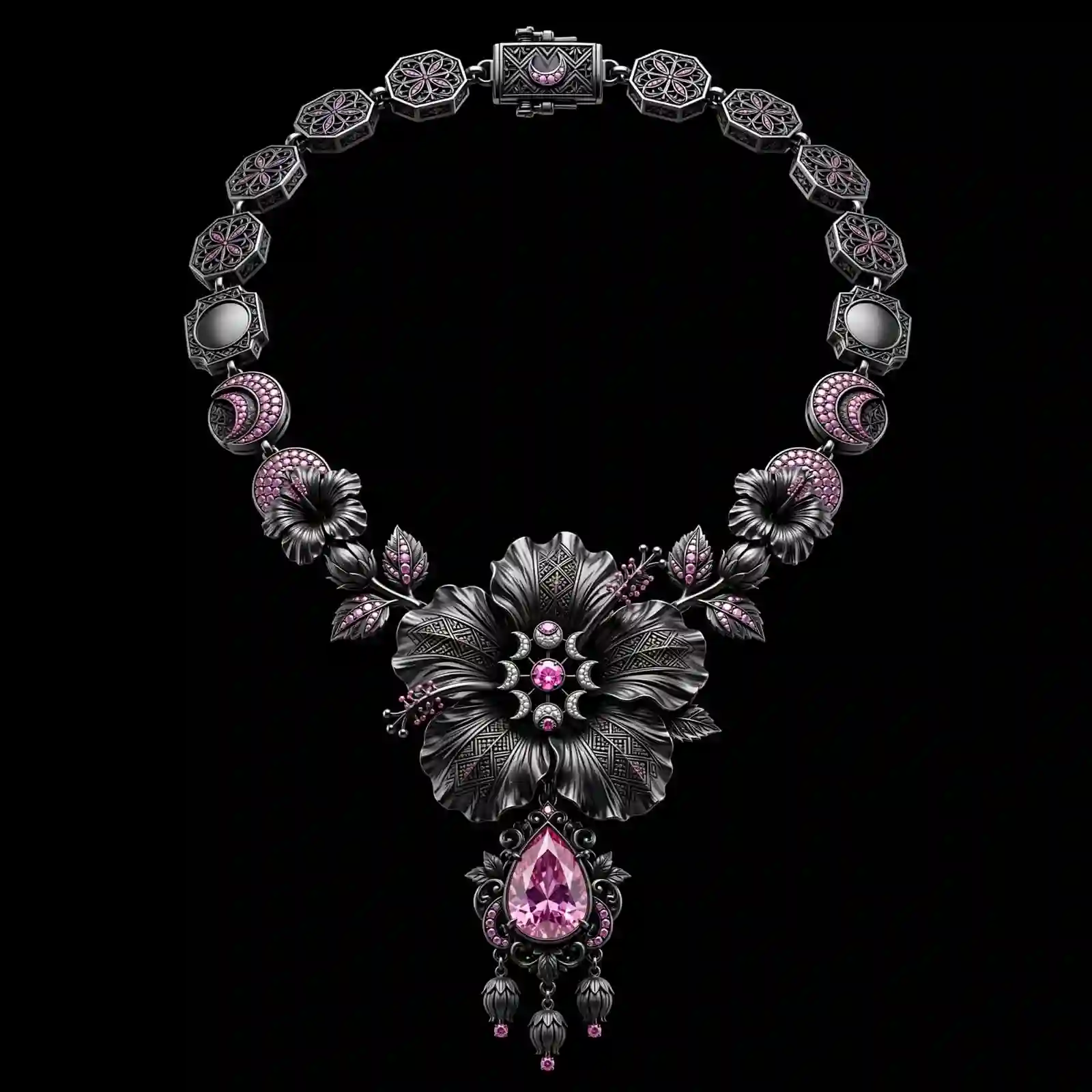 The Hibiscus Moon Goddess Black Platinum Pink Sapphire Celestial Bloom Collar Necklace - ExpensiveE Hibiscus Moon Collection 01/01