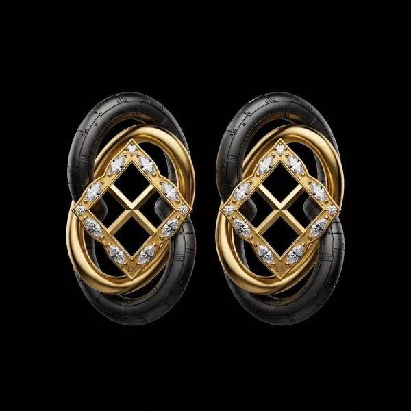 Interlocked Orbit Gold Diamond Earrings - Gold Black Titanium Interlocked Oval Diamond Lattice