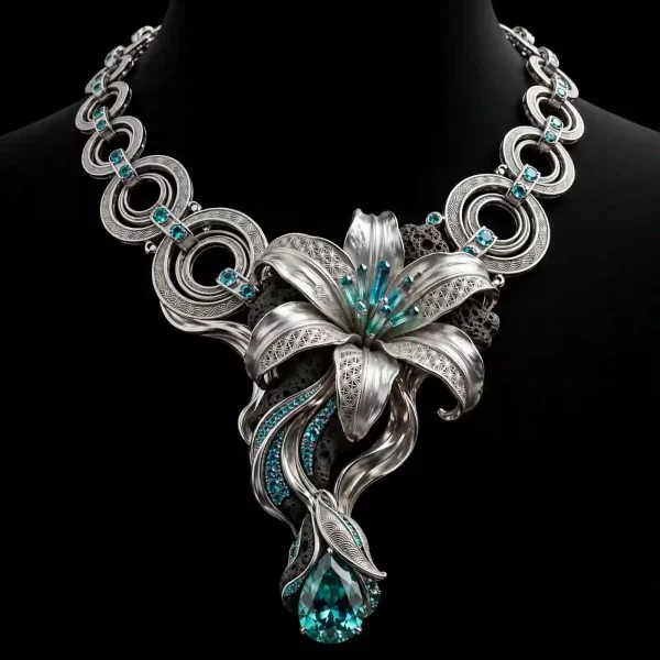 Lily Paraiba Tourmaline Platinum Orbital Necklace - Platinum Lily Paraiba Tourmaline Lava Rock Orbital Chain
