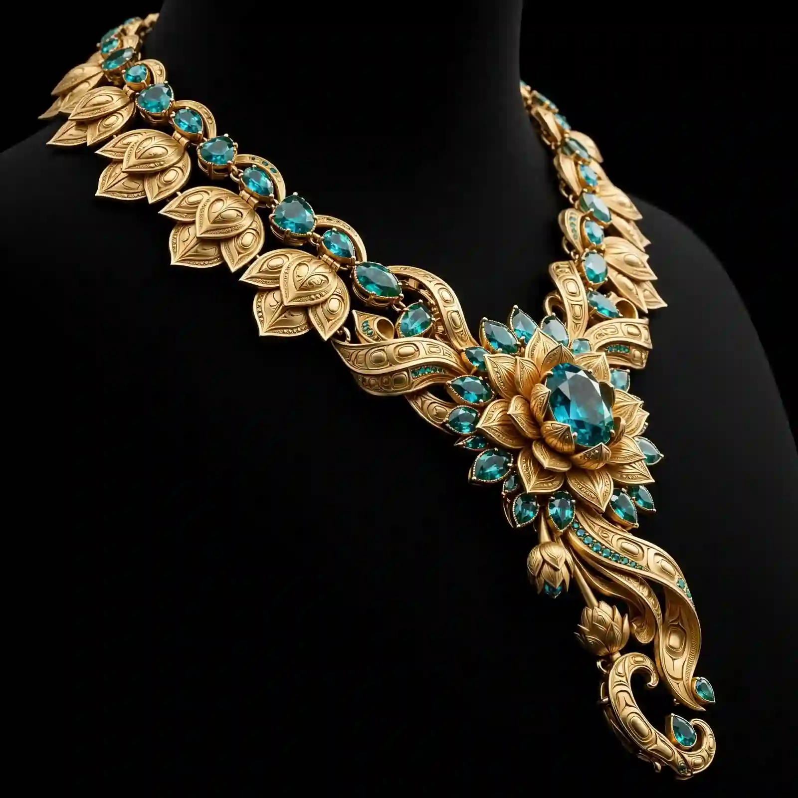 Lotus Aurora Paraiba Gold Necklace - Gold Lotus Tribal Leaf Paraiba Wave Ribbon Tail