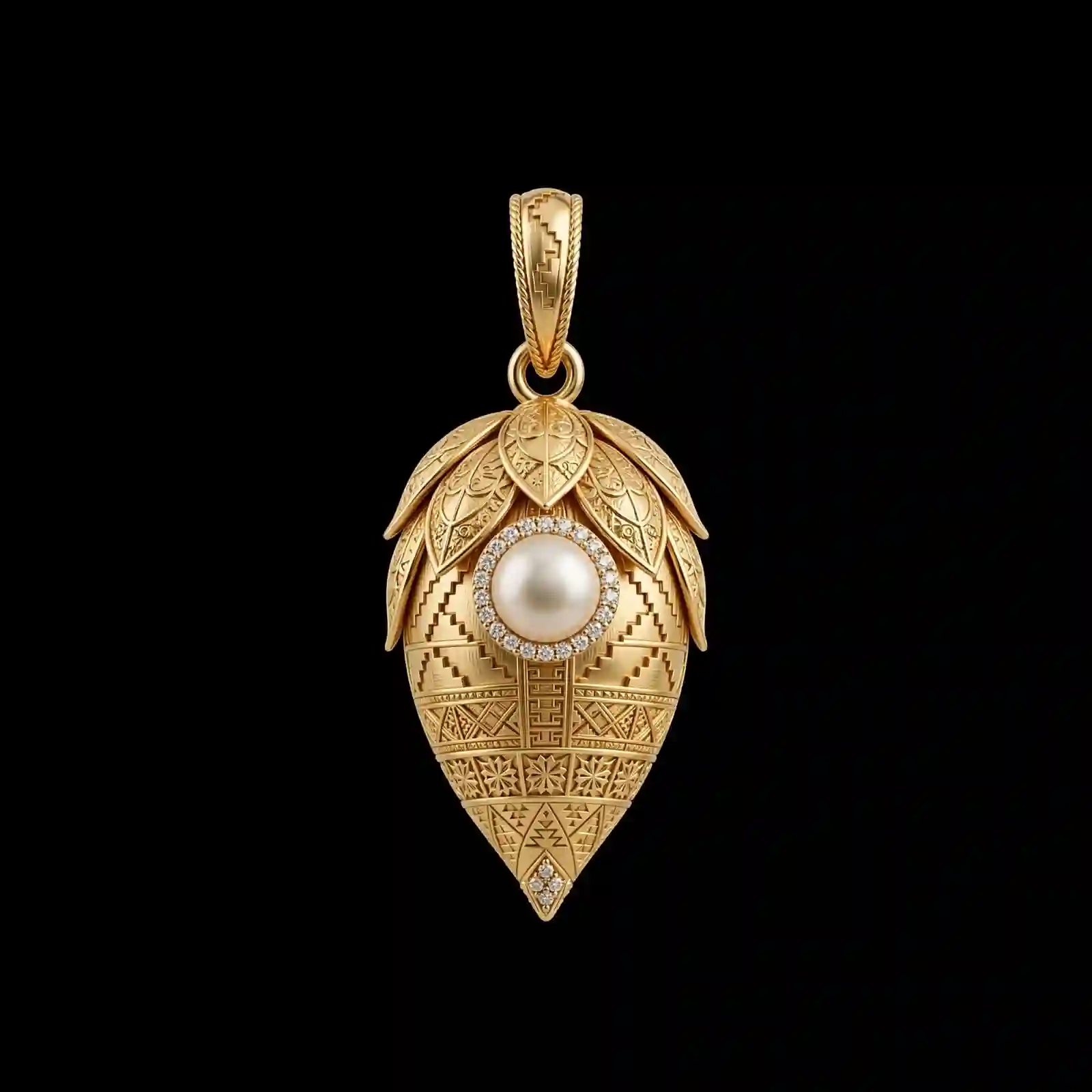 Lotus Bud Pearl Diamond Aztec Gold Temple Pendant