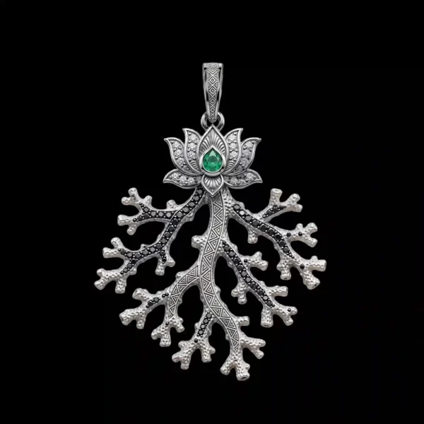 Coral Lotus Emerald Diamond Platinum Pendant