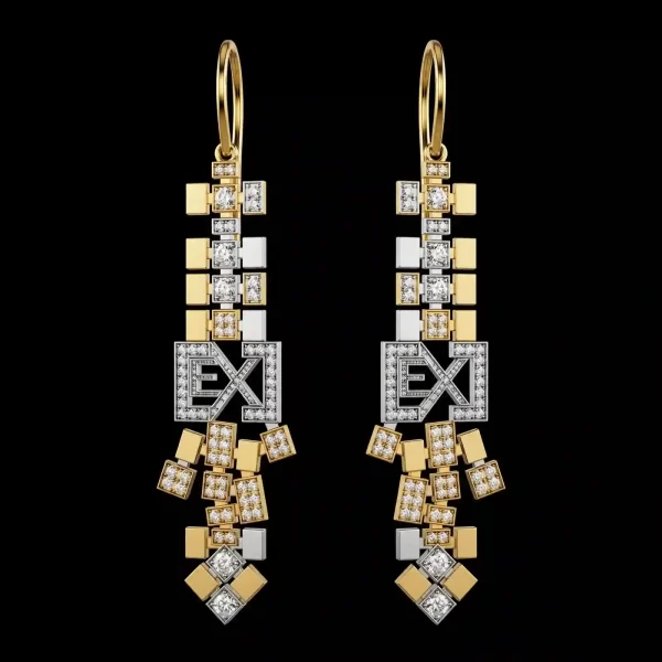 The EX Pixel Block Diamond Bicolor Gold X Logo Dangle Chandelier Earrings - ExpensiveE Pixel Block Collection 01/01
