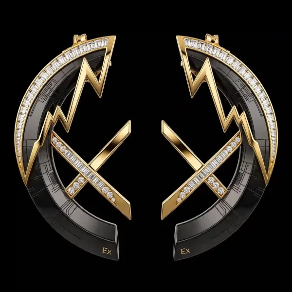 Lightning Bolt X Black Gold Diamond Crescent Earrings
