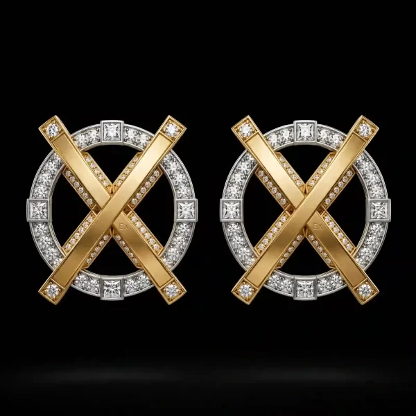 Orbit X Gold White Diamond Round Stud Earrings