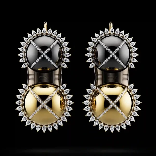Double Orb Eclipse Diamond Earrings - Gold Black Gold Double Ball X Pavé Pear Halo