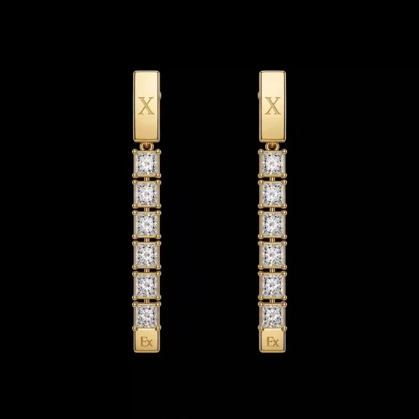 X Ladder Princess Cut Diamond Gold Drop Earrings