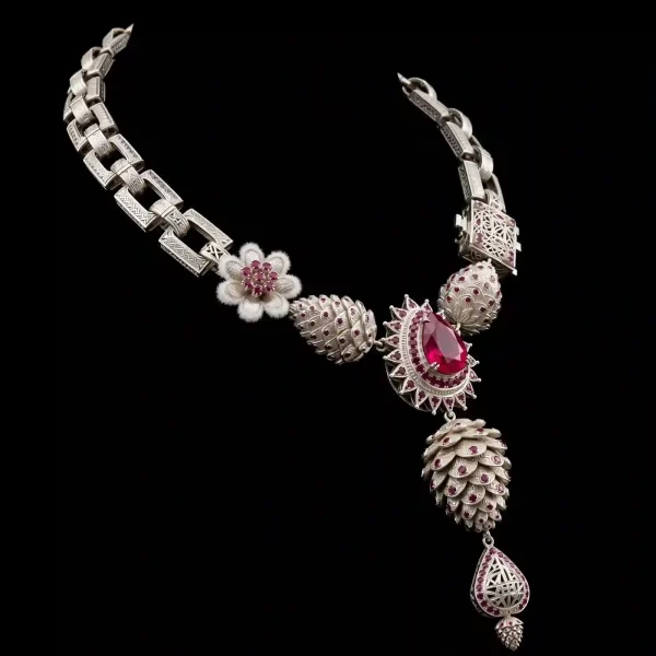 Pinecone Ruby Platinum Filigree Bloom Drop Necklace