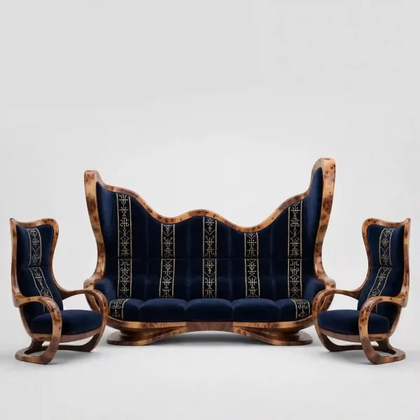 Winged Throne Luxury Sofa Set - Navy Gold High Back 7 Seater